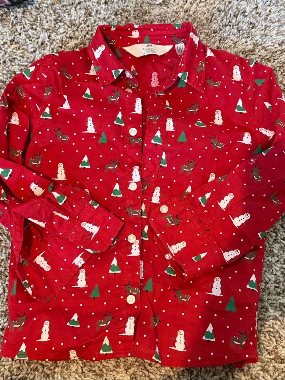 H&M Red Holiday Button-Down with Snowman & Tree Print